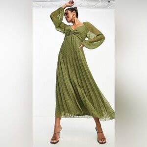 ASOS twist front long sleeve metallic texture chiffon maxi dress in olive green